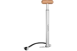 woom Airflo Small Bike Pump for Presta, Dunlop and Schrader Valves, Screw Thread, Mini Air Pump, Aluminium, Wooden Handle, Si