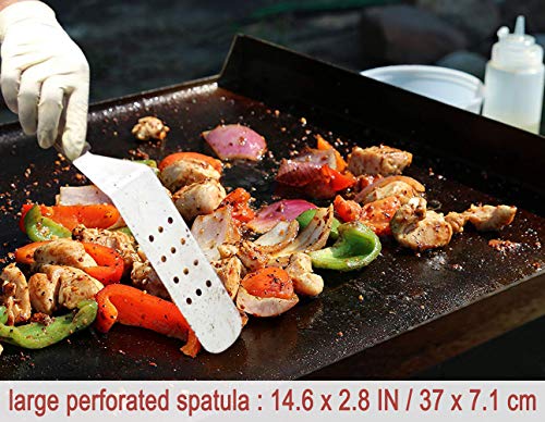 POLIGO 7pcs Restaurant Grade Griddle Accessories Kit - Heavy Duty Stainless Steel Griddle Tool Set with Riveted Wooden Handle - Great for Flat Top Cooking Camping Tailgating Teppanyaki Grill