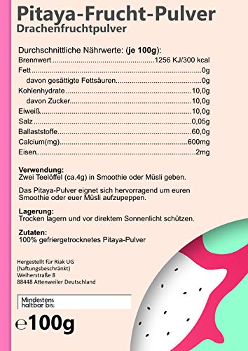 Pitaya-fruitpoeder, 100 g, drakenfruitpoeder, gevriesgedroogd, zonder toevoegingen, glutenvrij, veganistisch, natuurlijk… - Afbeelding 3