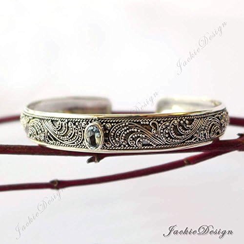 Blue Topaz Bali Ocean Wave Ornate Handmade 925 Sterling Silver Bangle Cuff Bracelet JD180