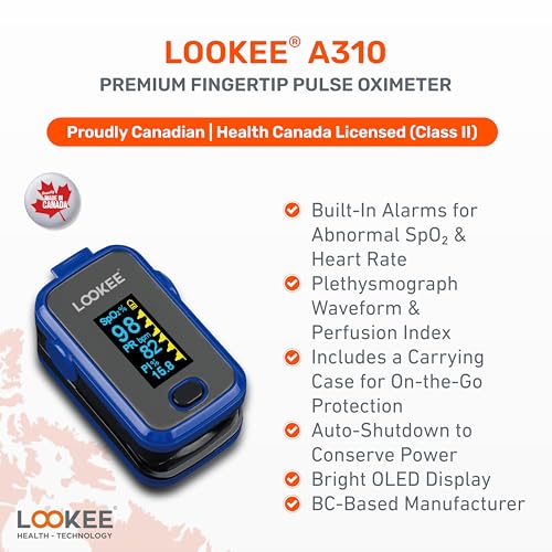 LOOKEE A310 Premium Pulse Oximeter Finger Heart Rate Oxygen Monitor | Proudly Canadian | SpO2 Blood Oxygen Level | Medical Accuracy, Alarm & PI | OLED Display | Carry Case & Batteries | Blue
