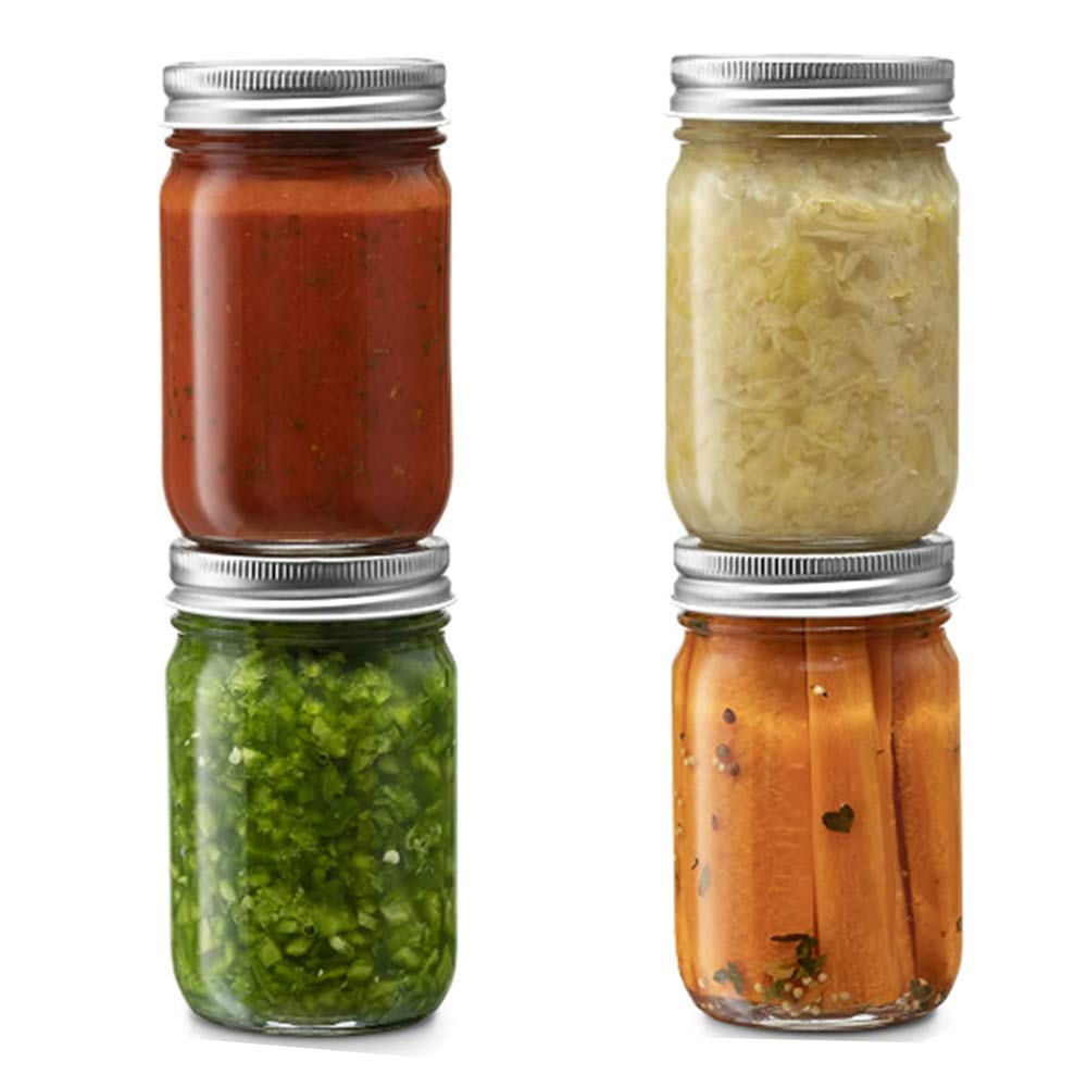 Glass Regular Mouth Mason Jars, 14 Ounce Glass Jars with Silver Metal Airtight Lids for Meal Prep, Food Storage, Canning, Drinking, Overnight Oats, Jelly, Dry Food, Spices, Salads, Yogurt (4 Pack)