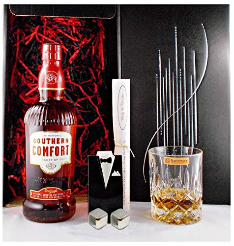Geschenk Southern Comfort Whiskey Likör + Glas + 2 Whisky Kühlsteine im Smoking