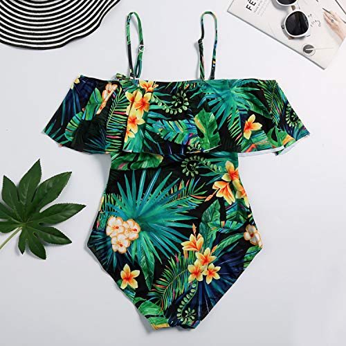 Yong Dong Ruffle Off Shoulder One Piece Swimsuits for Women Vintage Flounce Bathing Suits (Yellow Floral, Medium)
