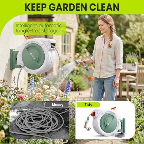 Bietor Retractable Garden Hose Reel, 1/2“ x 45m+2m Upgraded UV Resistant Heavy Duty Wall Mounted Hose Reel with 10 Patterns Nozzle, Any Length Lock, Slow Return System, 180°Swivel Bracket