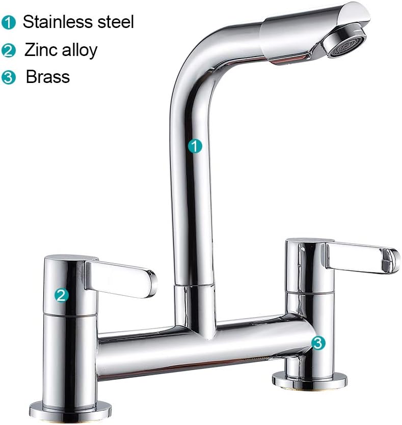 Kitchen Sink Taps 2 Hole 1/4 Turn Dual Lever Deck Mounted Hot & Cold Mixer Faucet Swivel Spout Taps (Chrome) - Image 3