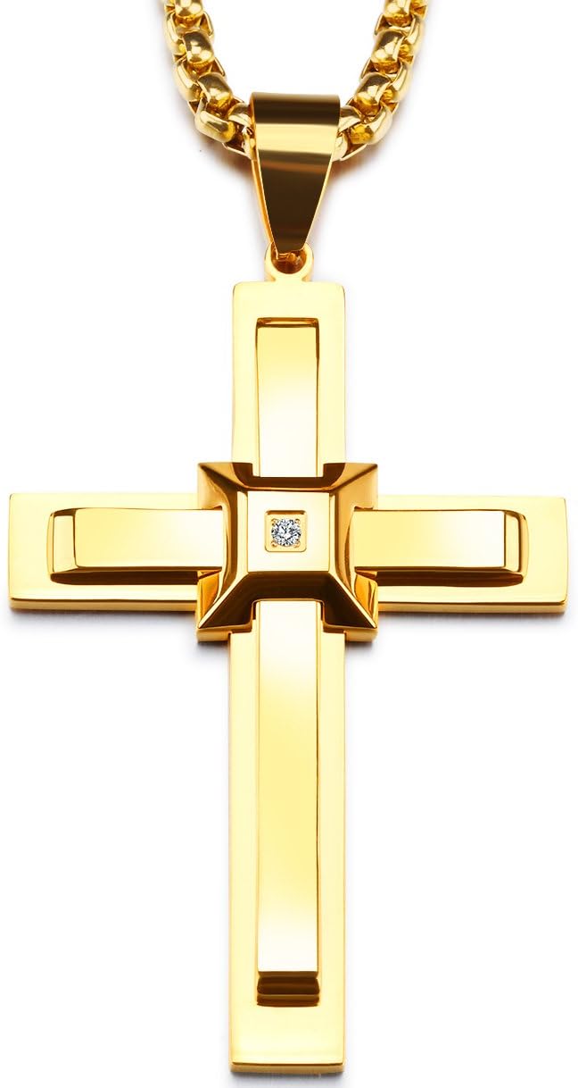 LineAve Men's Stainless Steel Large Layer Cross with Cubic Zirconia Pendant Necklace