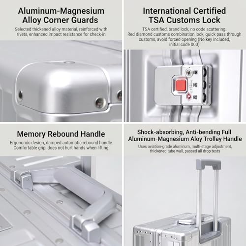 Simanli All Aluminum 20 inch Suitcases Carry On Luggage Hard Shell Suitcase Boardable Cabin Trolley Case Luggage with TSA Locks Silent Spinner Wheels, Silver, 24 inch