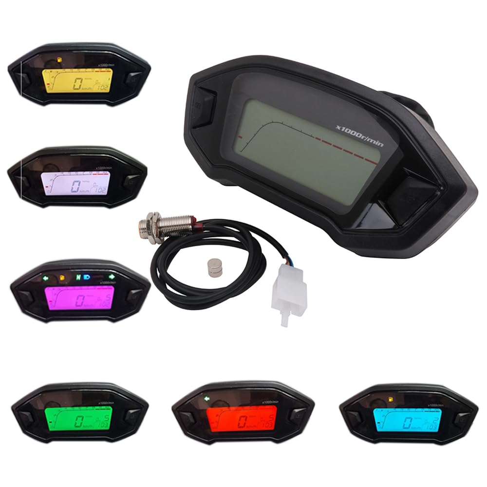Photo 1 of CHANGCHENG Motorcycle Speedometer LED Tachometer Universal LCD Digital Odometer Gauge Adjustable 7 Colors 2,4 Cylinders for All Motorcycle with DC 12V