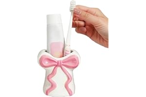 Bow Toothbrush Holder Safe Cute Ceramic Toothpaste Holder for Girls Adorable & Minimalist Bathroom Organizer for Home, Dorm, 
