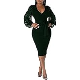 BestGirl Women's Bishop Sleeve Dresses V Neck Casual Party Work Sheath Midi Dress