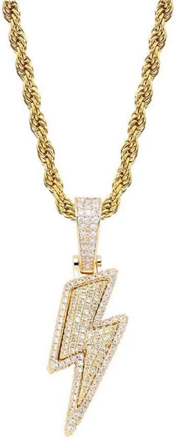 OSPRER Lightning Bolt Pendent Necklaces Hip Hop Lightning Bolt Design Pendant 18k Gold Plated Iced Out CZ Pendant Necklace with Diamond for Men Women Lightning Bolt Charm Pendant