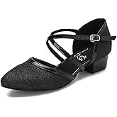 HXYOO Closed Toe Low Heel Glitter Ballroom Dance Shoes for Women Salsa Latin Wedding Party 1 1/2“ Heel S11-1