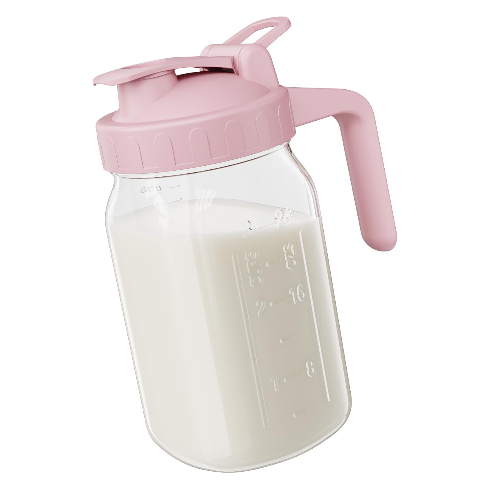 Photo 1 of JunVpic Breast Milk Pitcher Jug - 32 oz Glass Mason Jar Airtight Pitcher with Pour Spout Handle for Breastmilk, Iced Tea, Ice Drinks Storage Container?Pink?