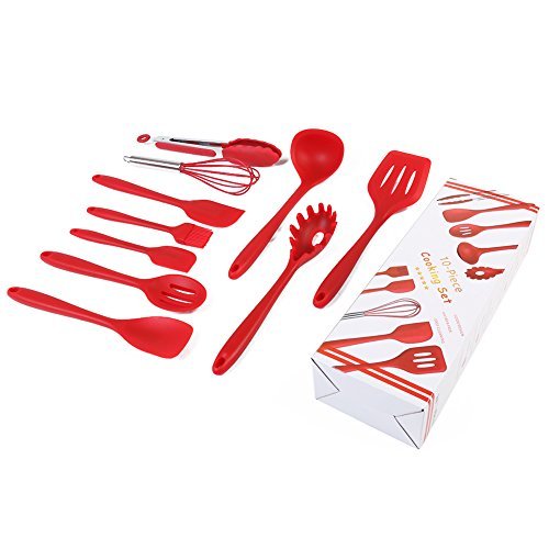 Silicone Kitchen Utensils Set 10 Pieces Kitchen Cooking Solid Heat Resistant Coating Non Stick Cookware Spatula Spoon Tongs Whisk Turner Pasta Fork