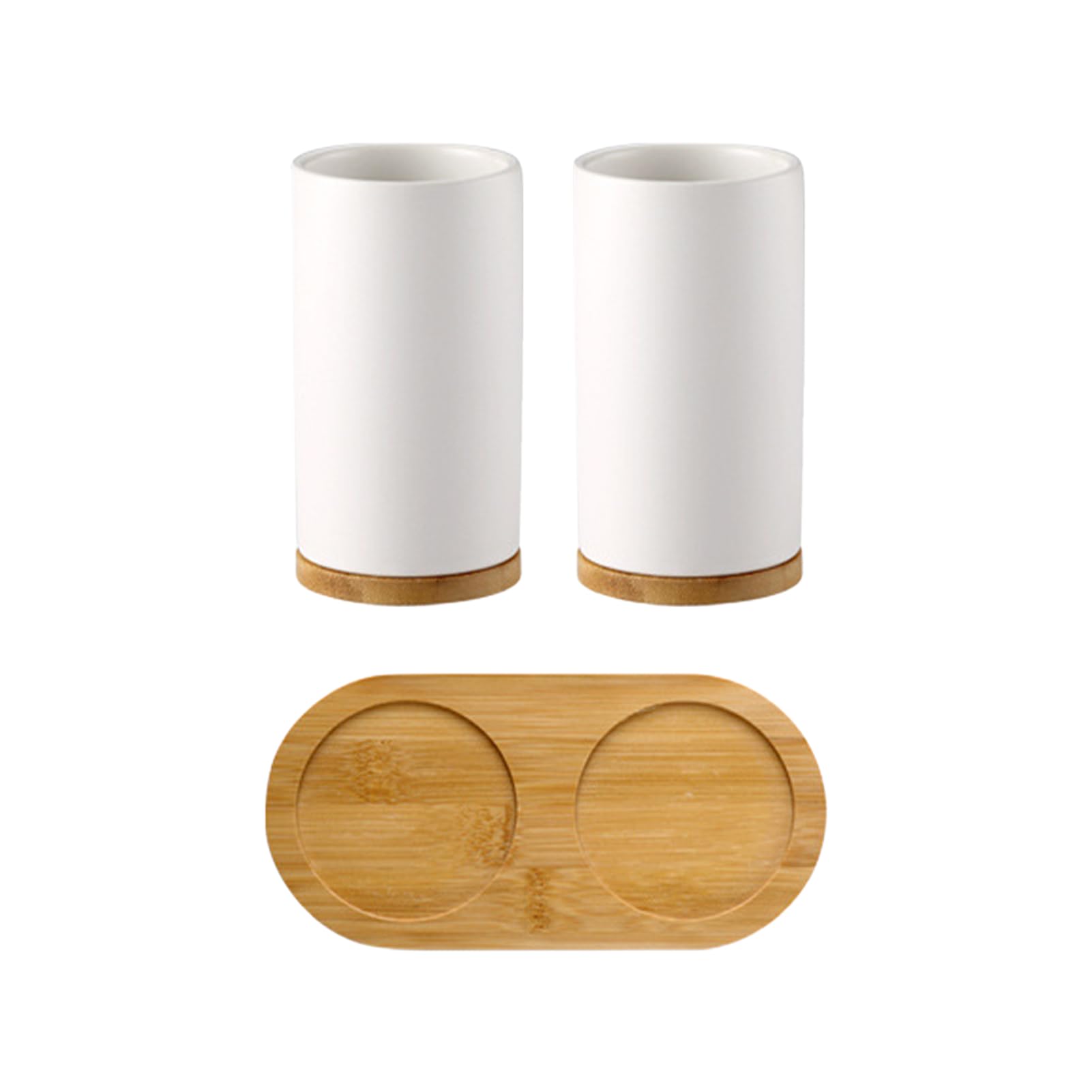 Toothbrush Holders for Bathroom,2 White Ceramic Toothbrush Toothpaste Holder Set with Wooden base,Reusable Toothbrush Cup with Bamboo Cup Bottom,Bathroom Counter Organizer
