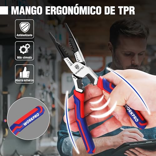 WORKPRO 7 in 1 Long Nose Pliers with Wire Stripper, Cutting Pliers and Wrench, Needle Nose Pliers for Wire 16-10 AWG (1.3-2.6mm), Multi-Tool Cr-V Electrician