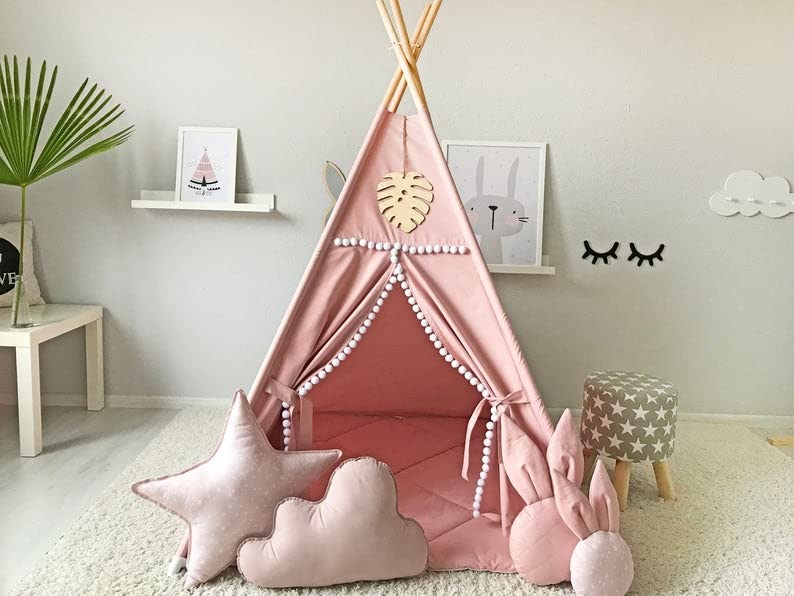 Kids Teepee Tent with White Pom Pom - Indoor Play Teepee for Children Boys Portable Play House (Pink)
