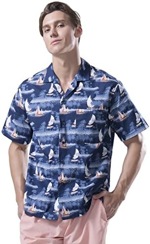 Hopioneer Men's 100% Contton Relaxed-Fit Hawaiian Ahola Shirt Blue - XXL