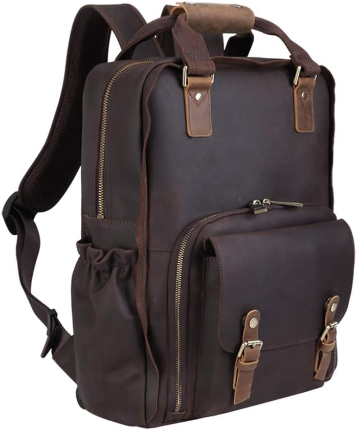Mens Leather Laptop Backpack Rucksack Daypack,Bag with Detachable Camera Insert Bag Business Laptop Bag Work Bag for Men, Fits 15.6 Inch Laptop-Brown