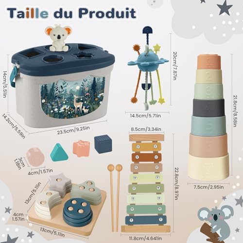 Generic Baby Toy 6 Months and Above, 5 in 1 Montessori Toy, Sensory Baby Games with Sorting Shapes and Stacking, Xylophone, Silicone Pull Rope Set, Stackable Cups, Baby Gift 6, 8, 9, 12 Months