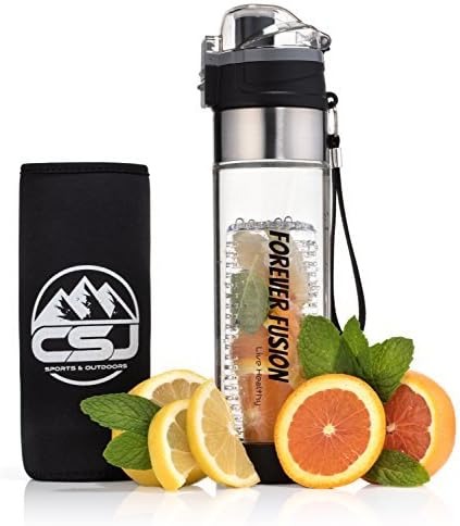 CSJ’s Forever Fusion Water Bottle - The Best Sport Infuser On The Market - Infuses Flavor With Fruit, Herbs, and Vegetables, FREE BONUS Insulated Cover and Recipes, NEW Bottom Removable Filter