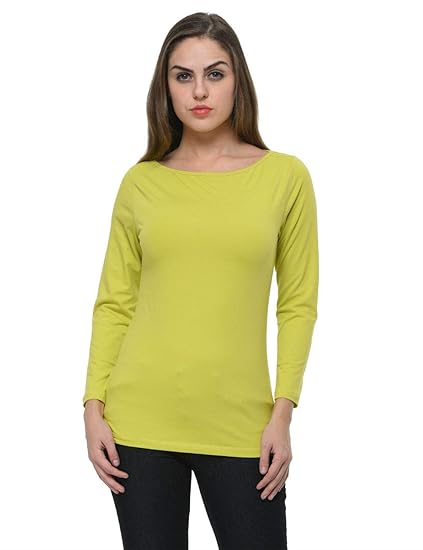 Lime Cotton Spandex Boat Neck Top for Women(XS-4XL)