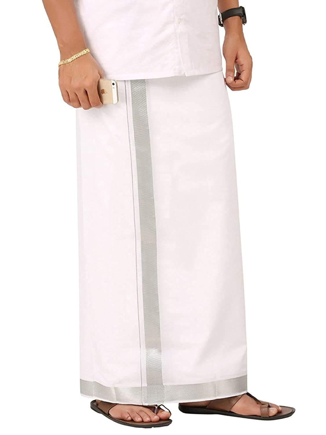 Yazhi Cotton Mens Dhoti 1.5 Inch Silver Jari Border Dhothi/Vesti/Mundu 4 Mtrs Amazon.in