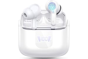 ORDTOP Wireless Earbud Bluetooth 5.3 Headphones, Hi-Fi Stereo Ear Buds with 4 ENC Cancelling Mics, 40H in-Ear Earphones IP7 Waterproof Sports, LED Display, Mini Headset for Laptop Pad TV Android/iOS, White