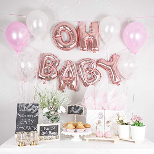 OH Baby Balloon Rose Gold 16" | Baby Shower Balloons Girl | Girl Baby Shower Decorations | Pink Baby Shower Decorations Bonus 12 Pack Pink White Confetti Baby Balloons | Baby Girl Shower Decorations