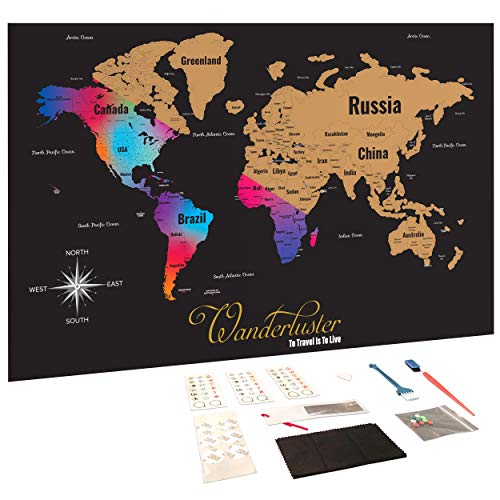 Scratch Off Map Of The World Wall Poster With Us States Includes Complete Accessories Set Premium Wall Art Gift For Travelers Black With Vibrant - 