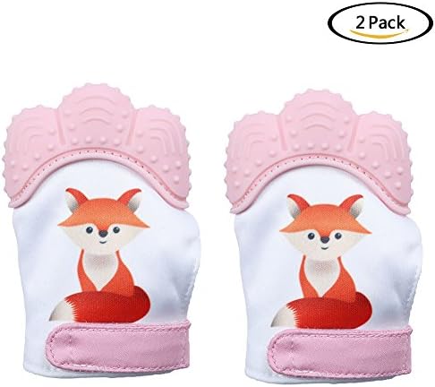 2 Pack Baby Teething Mitten by GbaoY, Babies Self-Soothing Pain Relief and Teething Toy, BPA Free Safe Food Grade Teething Mitt (Pink-Fox)