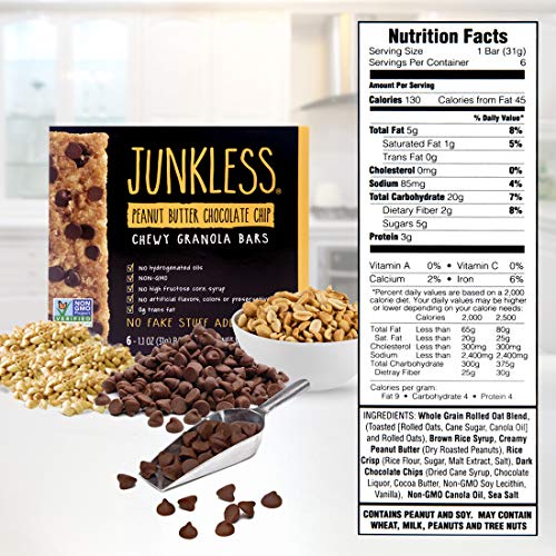 JUNKLESS Chewy Granola Bars, Peanut Butter Chocolate Chip, 24 bars (6 x