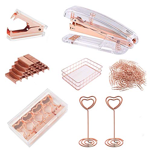 Rose Gold Desk Accessories,7-Piece Desktop Accessory Set - Desk Tray,Stapler and Staple Remover with Rose Gold Staples,Paper Clips Sets&Binder Clips,Table Photo Holder-for School Office Supplies Kit - Thumbnail 7