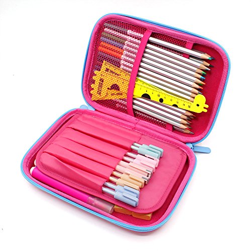 3D Rainbow Unicorn Embossed Hardtop Pencil Case - School Girls Large Colored Pen Holder Box With Compartments - Kids Cute Cosmetic Pouch Bag Stationery Organizer (Hot Pink)