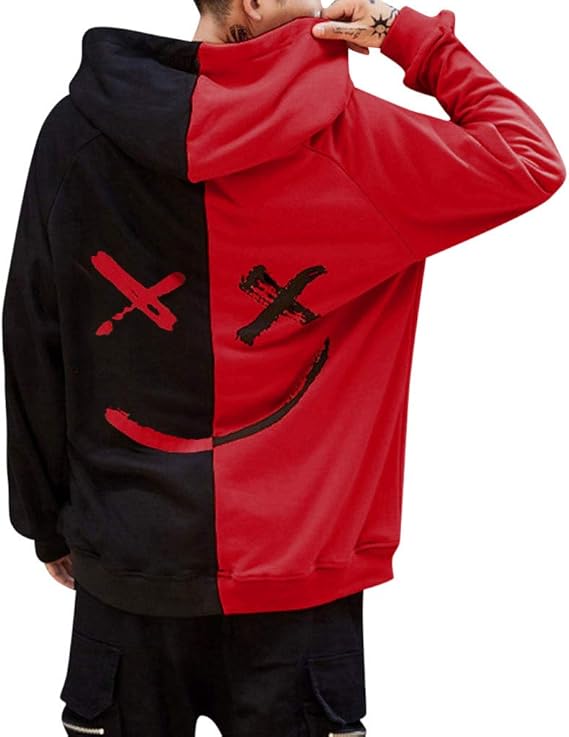 color block smile face printed round neck long sleeve hoodie