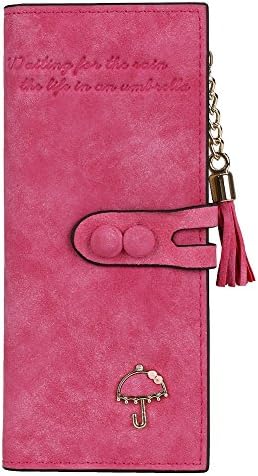 Women's Matte Leather Wallet Clutch Long Purse with Tassel Zipper/ Button snaps/ Card slots / Cash pocket Fashion Elegant Handbag (Rose red)