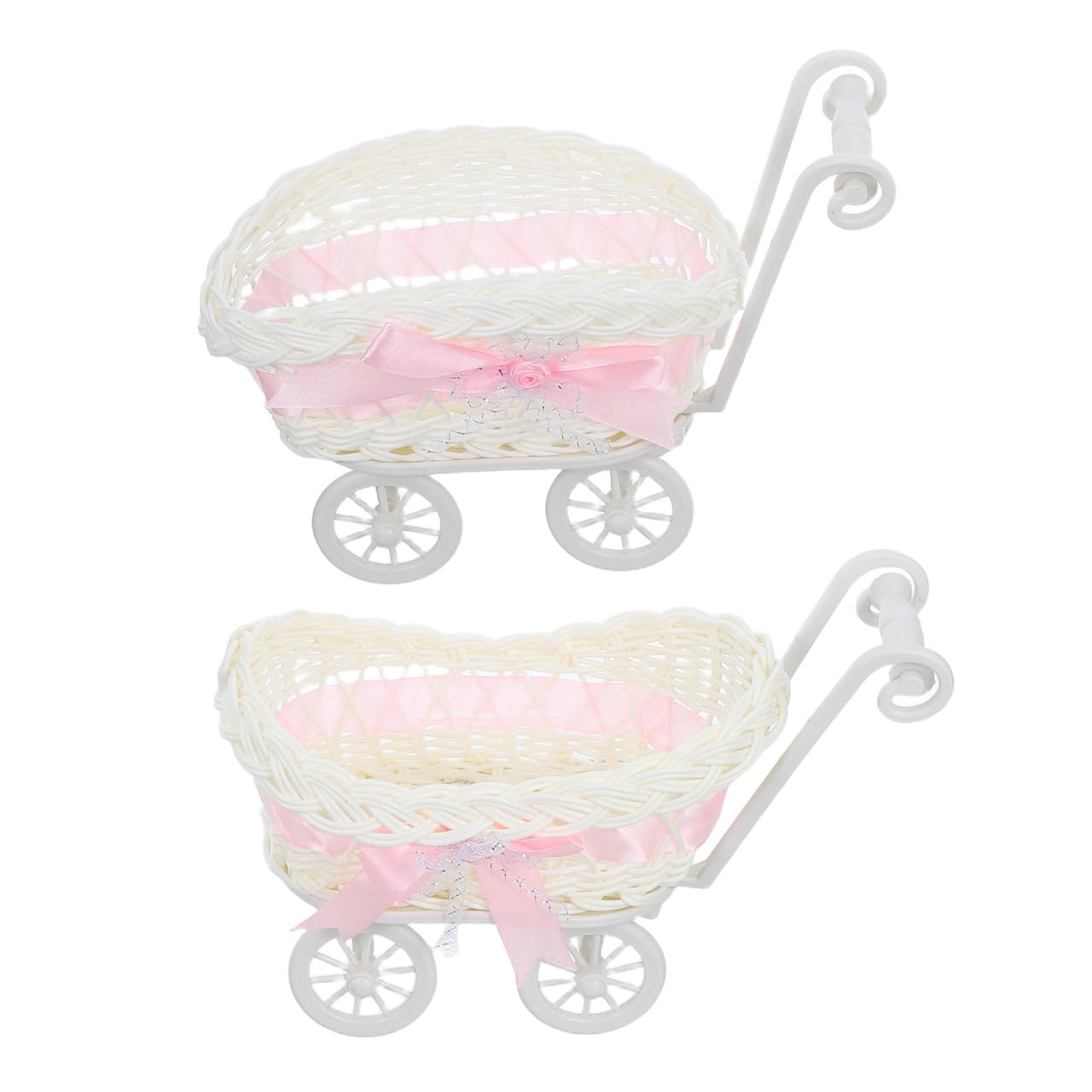 Photo 1 of jojofuny 9.4X6.6X5.5inch 2pcs Wicker Baby Carriage, Carriage Centerpieces for Tables, Doll Stroller Woven Flower Basket Stroller for Baby Shower Party Favors
