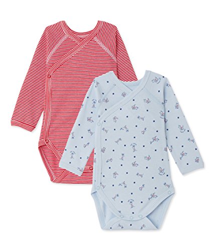 Petit Bateau Baby Boys' 2 Pack Long Sleeve Corssover Printed Bodysuits, Red/Blue, 6m