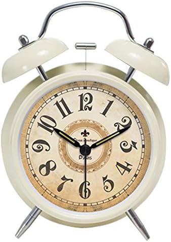 Foyou Retro Metal Analog Quartz Silent Twin Bell Alarm Clock with Nightlight and Loud Alarm ( Arabic Numerals, Beige )