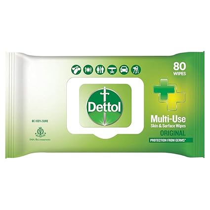 Dettol Disinfectant Skin & Surface Wipes, Original-80 Count| Safe on Skin| Ideal to Clean Multiple Surfaces| Resealable lock-lid