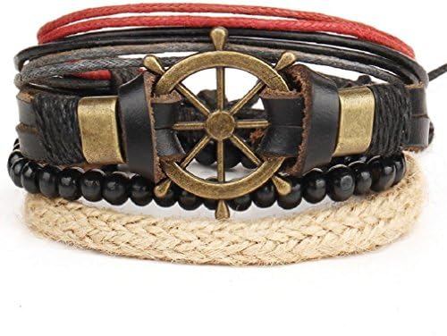 Fariishta Jewelry Punk Retro Boat Rudder Bead Braided Multi Strand Leather Bracelet