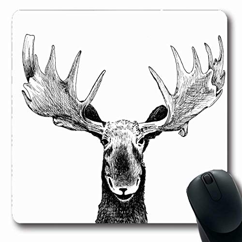 Ahawoso Mousepads for Computers Huge Head Original Black White Pen Wildlife Moose Nature Sketch Face Deer Drawing Christmas Design Oblong Shape 7.9 x 9.5 Inches Non-Slip Oblong Gaming Mouse Pad
