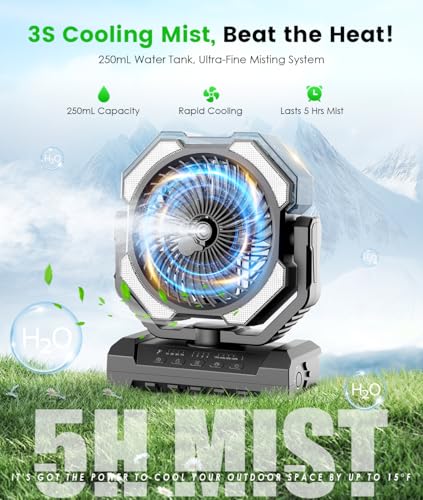 Portable Misting Fan - 24000mAh Battery Powered Fans with 9oz Water Tank, 3 Light, Rechargeable, 120H Cooling, Last 5H Mist, 4 Speed, Sleep Mode, Fan for Camping Outdoor Gear, Travel Essentials