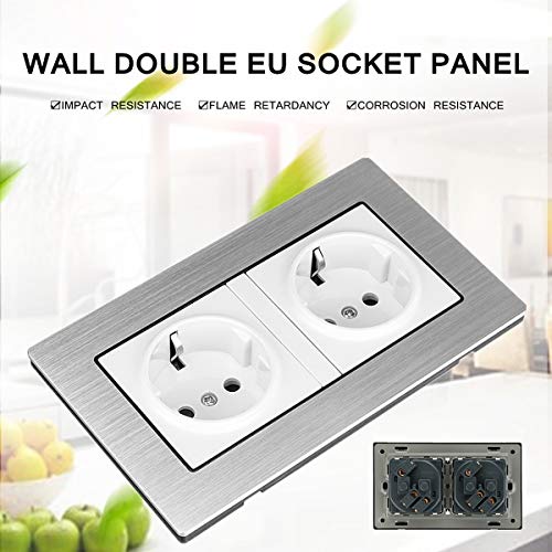 DeemoShop 16A EU Standard Outlet Double Switch Wall Socket Panel Charger Adapter 110V-250V Polycarbonate Silver White Flame Resistance