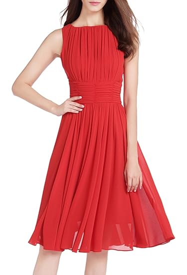 MILEEO Damen Chiffon Kleid Knielang mit Plissee-Falten Ärmellos Cocktailkleid