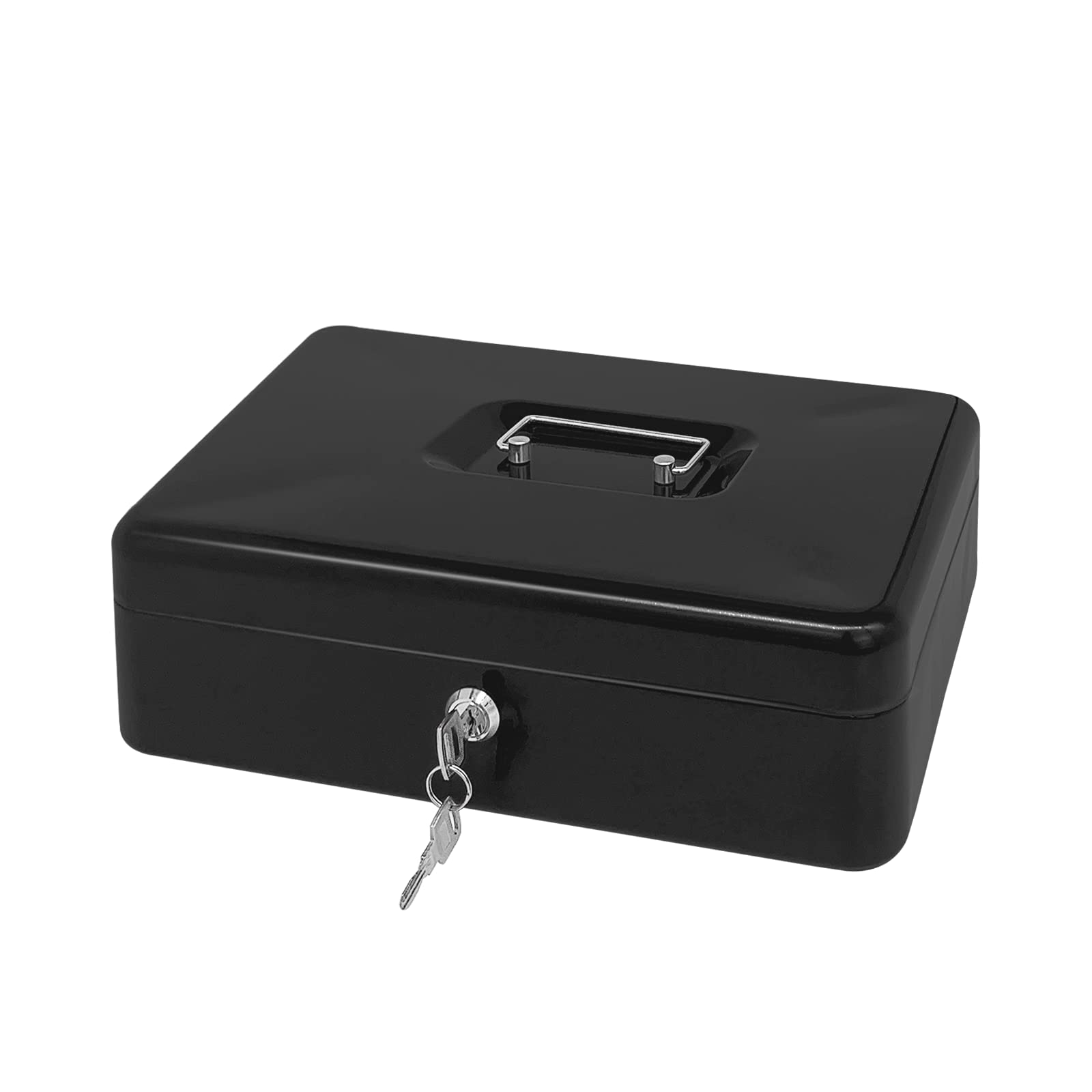 Steel Cash Box with Key Lock, Metal Small Money Organizer with Money Tray,Cash Storage Box with Lockable Cover (Black-30 * 24 * 9 CM)