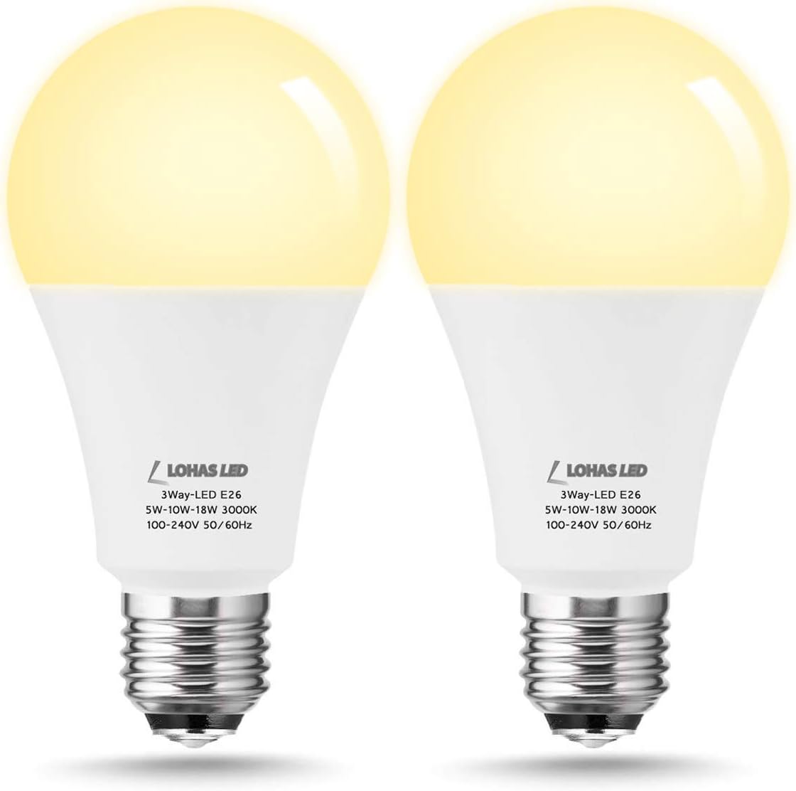 LOHAS 3-Way LED Light Bulb A21, 50/100/150W Equivalent Light Bulb, Soft White 3000K, Dimmable 3 Way LED Frosted Light Bulbs, E26 Medium Base for Floor Lamp, Night Stand Lamps, End Table, 2Pack