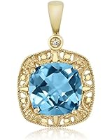 10K Yellow Gold Swiss Blue Topaz and Diamond Accent Women&#39;s Pendant Necklace (2.75 cttw, 8MM Cushion)