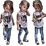 Gotd Little Big Girls Dress Cat T-shirt Tops + Jeans Denim Pants Set Clothes Outfits